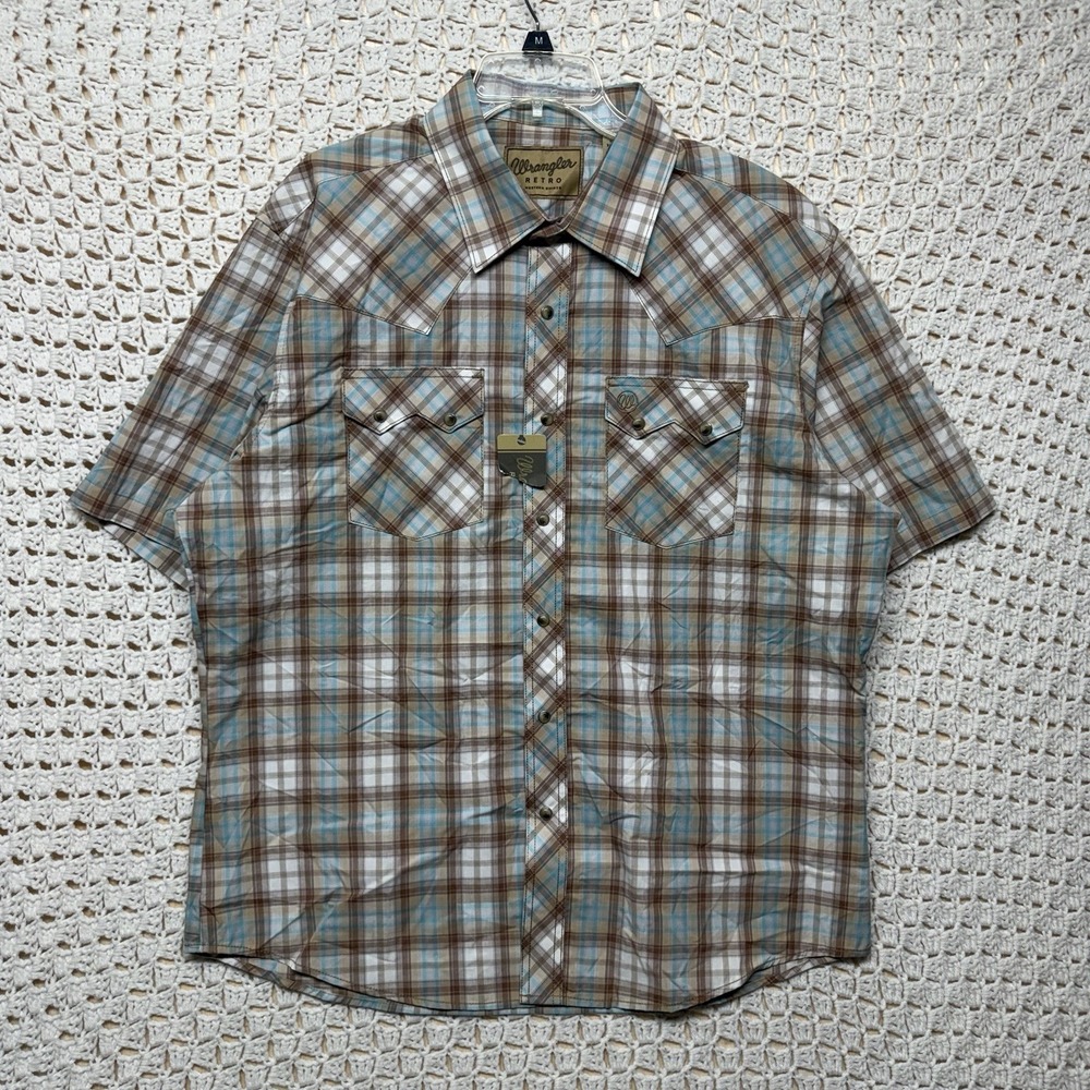 Wrangler Western Shirt XL Brown Blue Cowboy Plaid Ranch Rodeo Shirt Pearl Snap